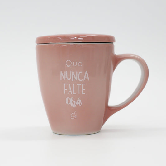 Caneca Porcelana Rosa - com Tampa - 300ml