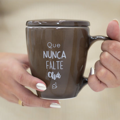 Caneca Porcelana Marrom - com Tampa - 300ml