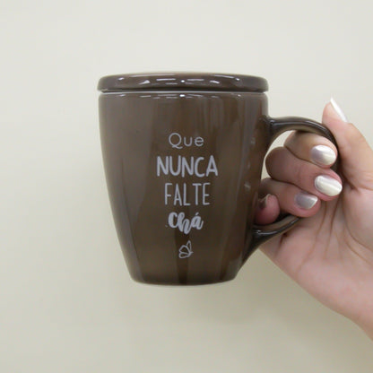Caneca Porcelana Marrom - com Tampa - 300ml